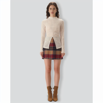 Women's White Jacquard Mock Neck Slit Tee