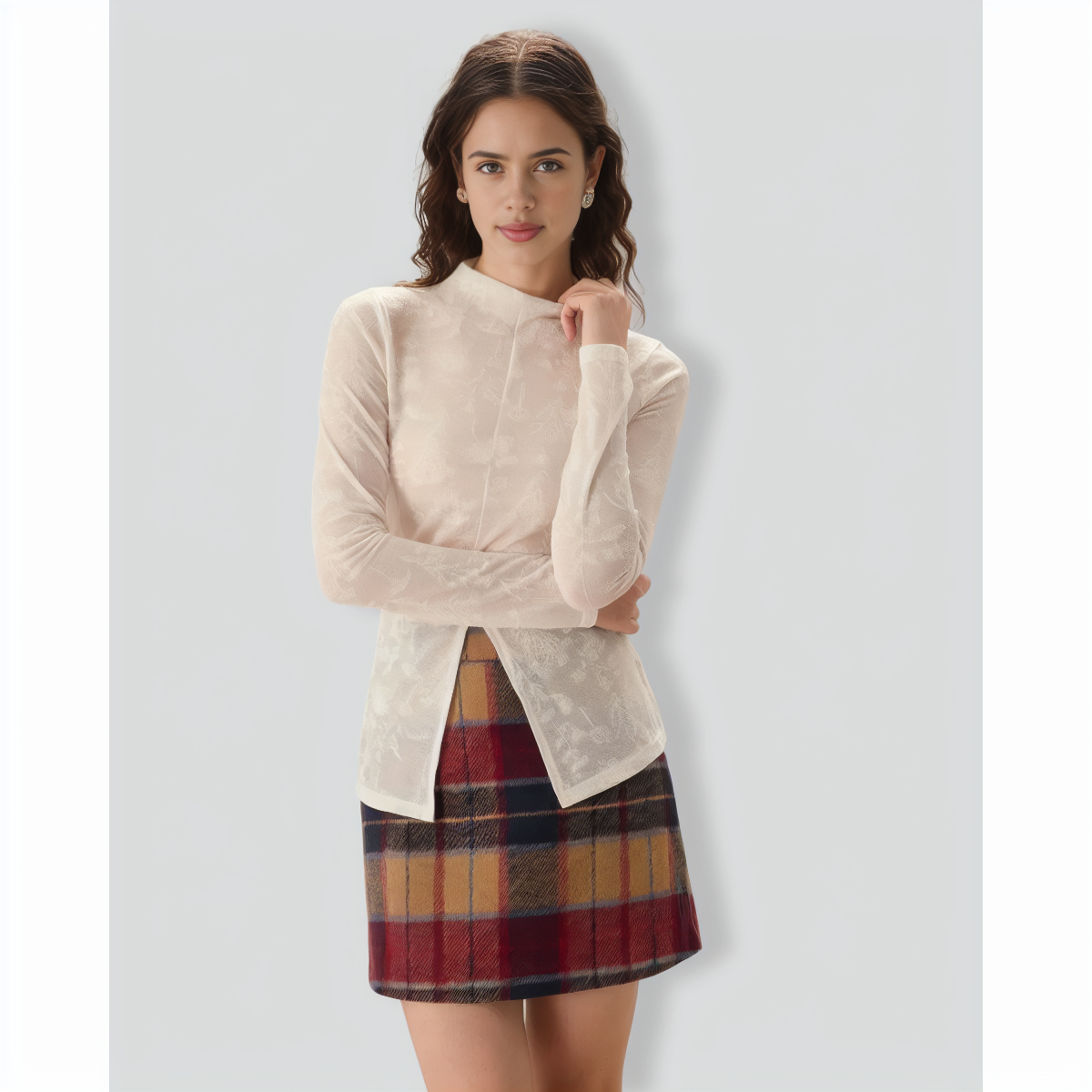 Women's White Jacquard Mock Neck Slit Tee