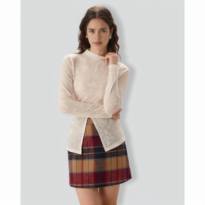 Women's White Jacquard Mock Neck Slit Tee