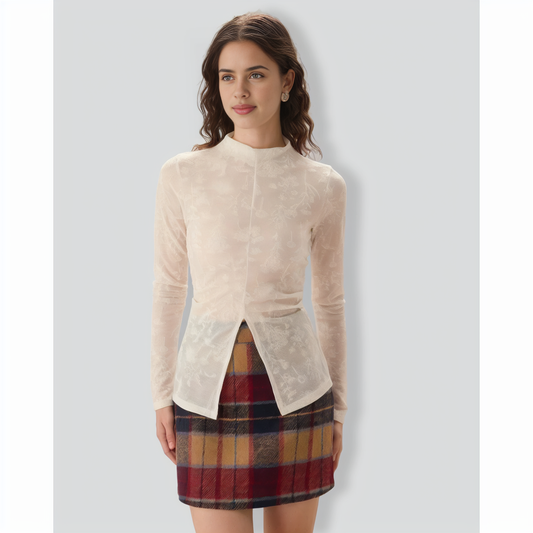 Women's White Jacquard Mock Neck Slit Tee