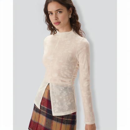 Women's White Jacquard Mock Neck Slit Tee