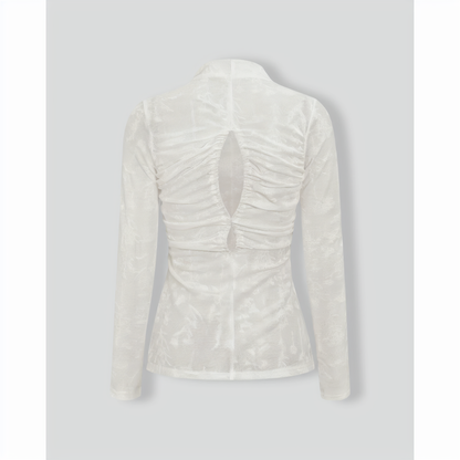 Women's White Jacquard Mock Neck Slit Tee