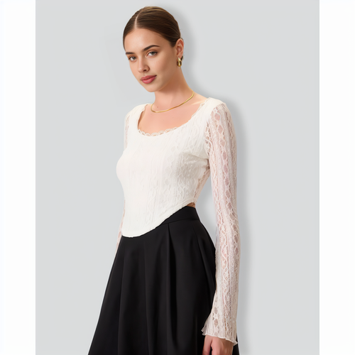 Women's White Lace See-Through Cropped Tee