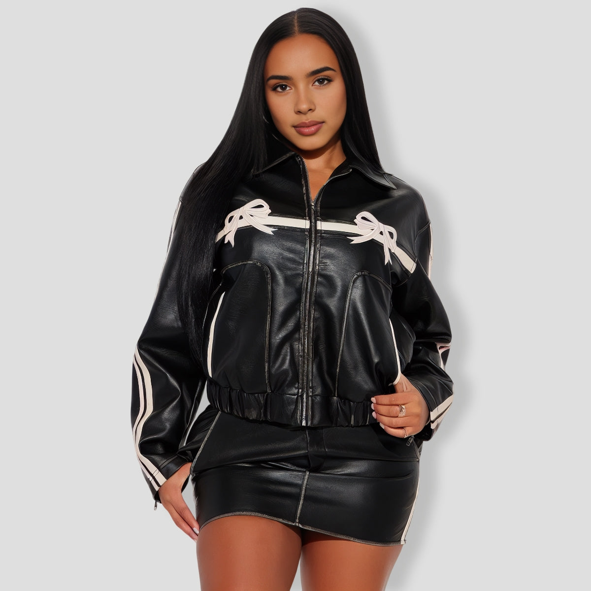 A Bow On It Faux Leather Skirt Set - Black