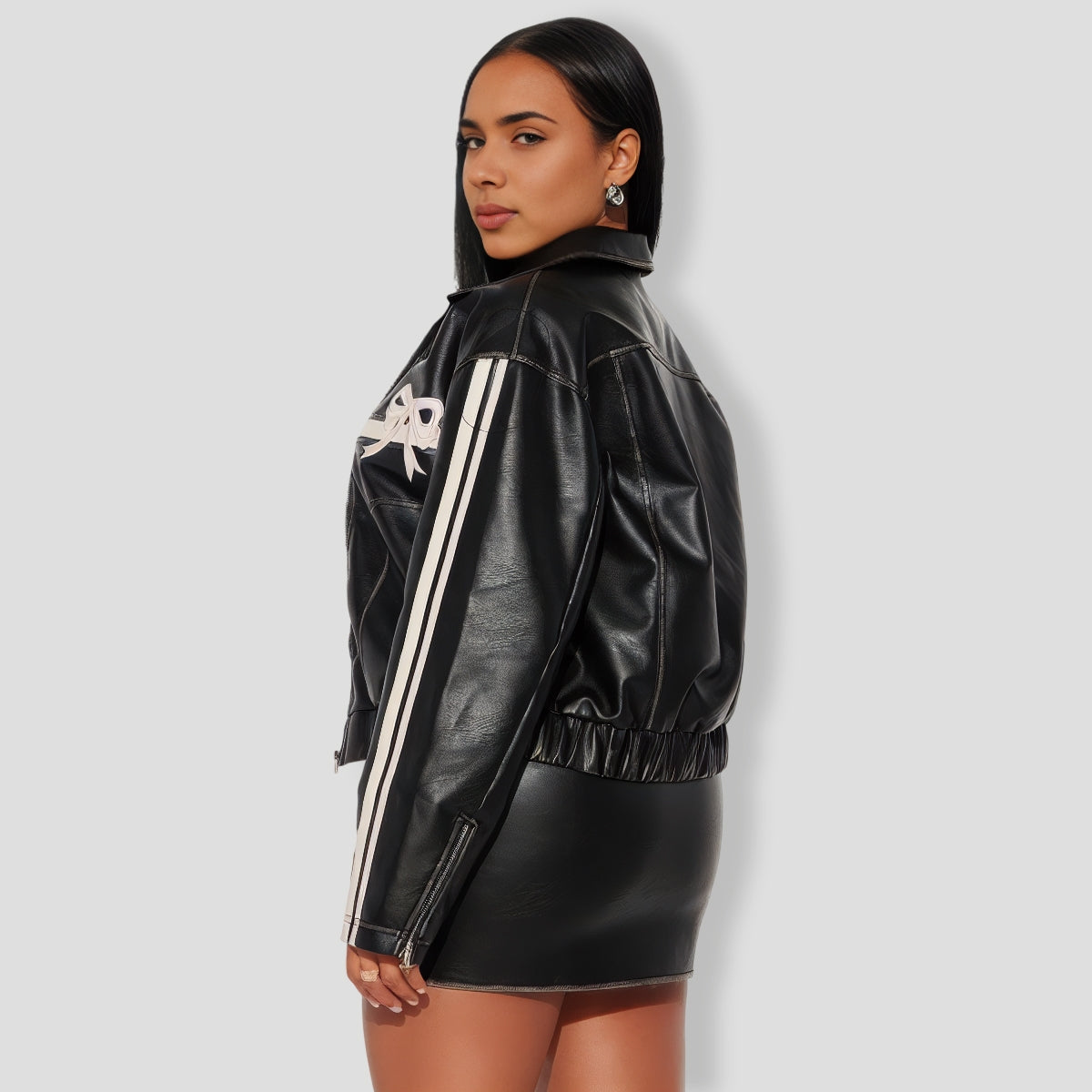 A Bow On It Faux Leather Skirt Set - Black