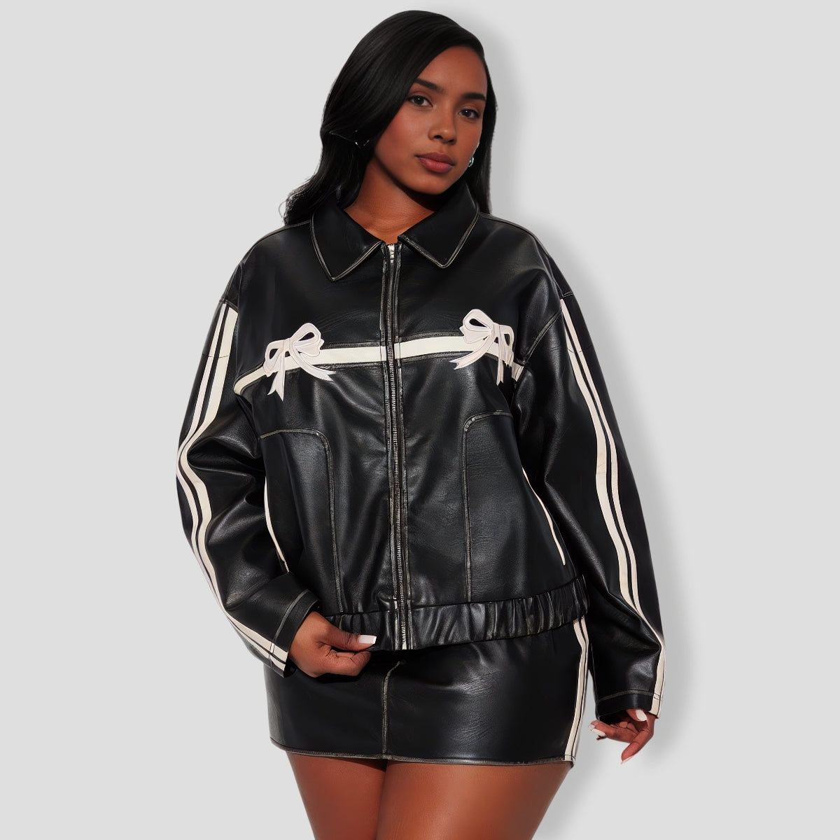 A Bow On It Faux Leather Skirt Set - Black