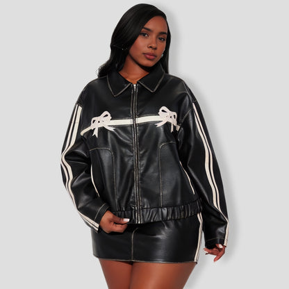 A Bow On It Faux Leather Skirt Set - Black