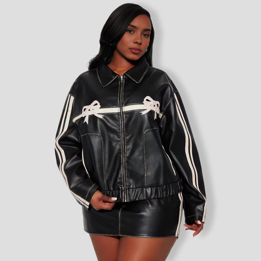 A Bow On It Faux Leather Skirt Set - Black