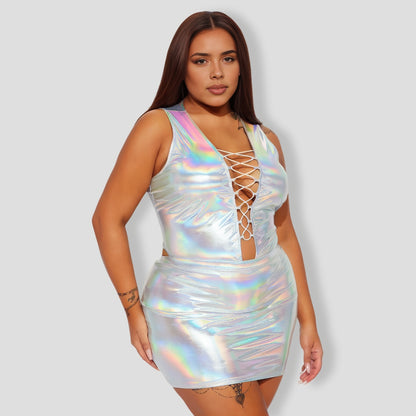 What A Vision Holographic Skirt Set - Silver