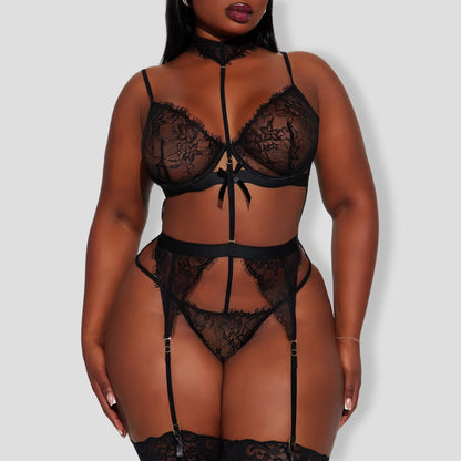 Sexy Bondage Lace Garter Black 3 Piece Set