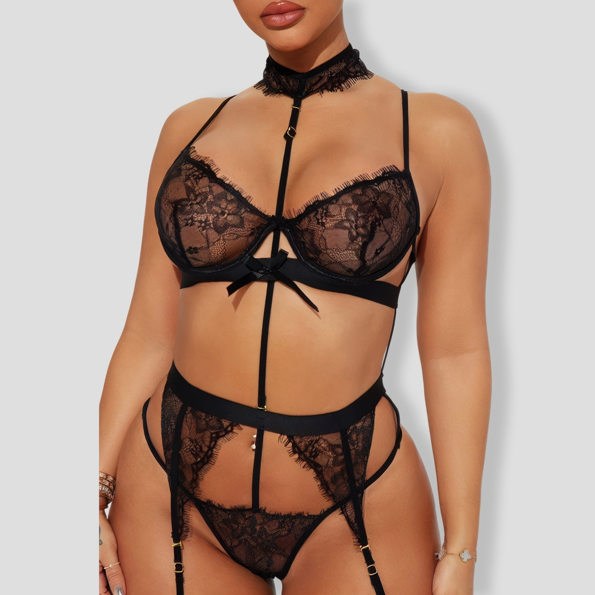 Sexy Bondage Lace Garter Black 3 Piece Set