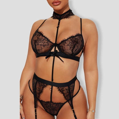 Sexy Bondage Lace Garter Black 3 Piece Set