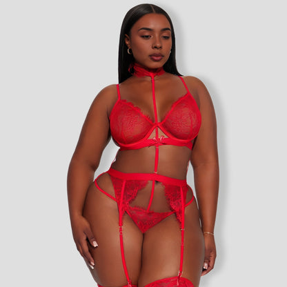 Sexy Bondage Lace Garter Red 3 Piece Set