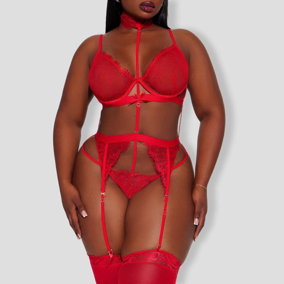 Sexy Bondage Lace Garter Red 3 Piece Set