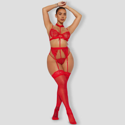 Sexy Bondage Lace Garter Red 3 Piece Set