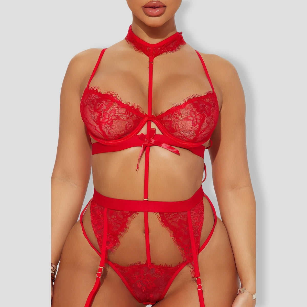 Sexy Bondage Lace Garter Red 3 Piece Set