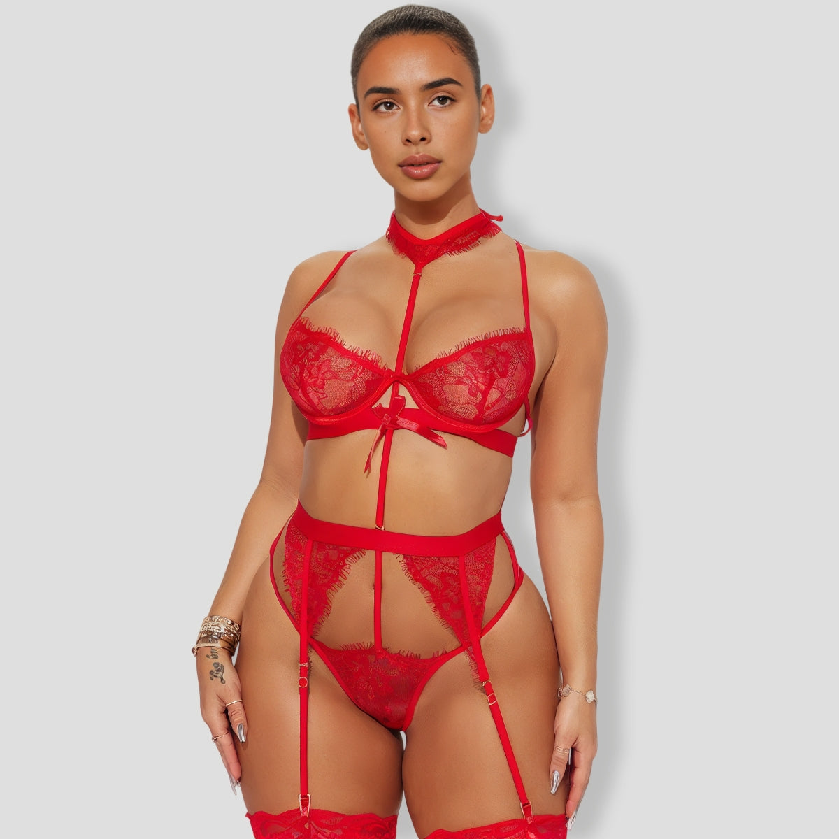 Sexy Bondage Lace Garter Red 3 Piece Set