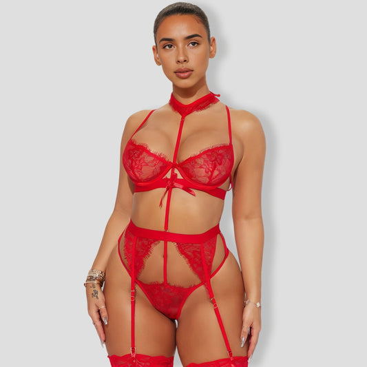 Sexy Bondage Lace Garter Red 3 Piece Set