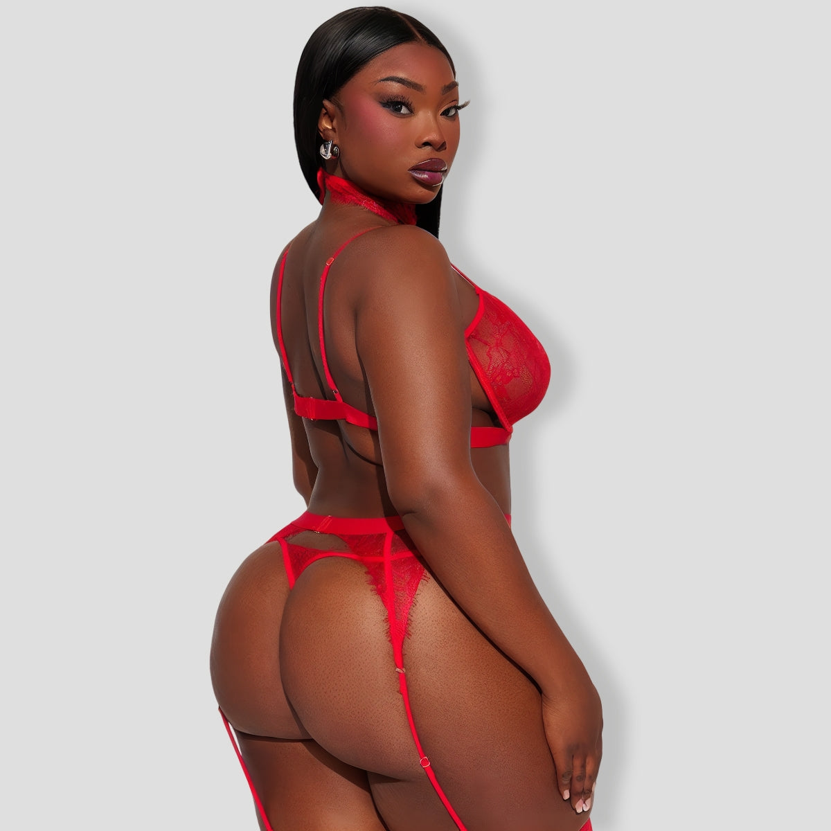 Sexy Bondage Lace Garter Red 3 Piece Set