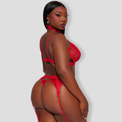 Sexy Bondage Lace Garter Red 3 Piece Set