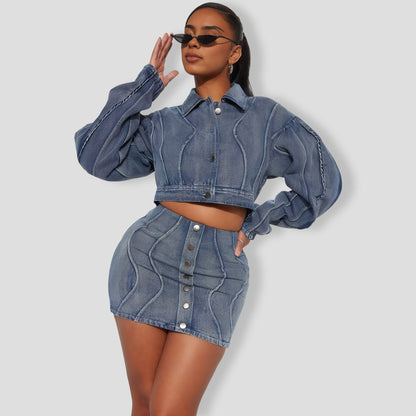 Medium Wash Denim Skirt Set