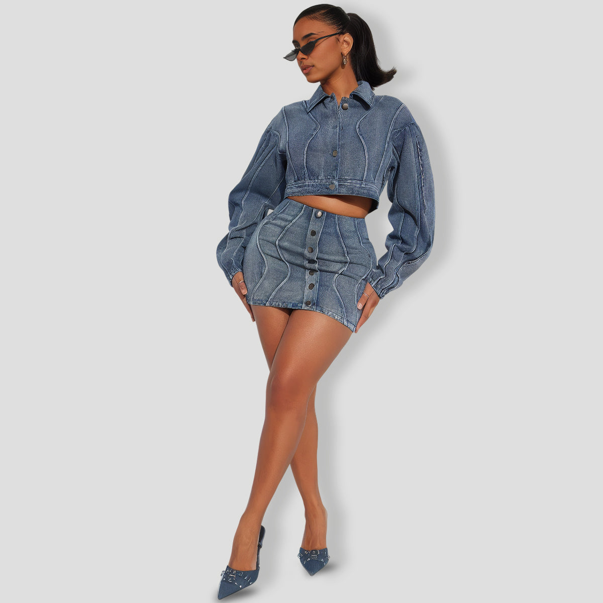 Medium Wash Denim Skirt Set