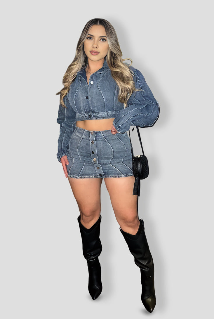 Medium Wash Denim Skirt Set