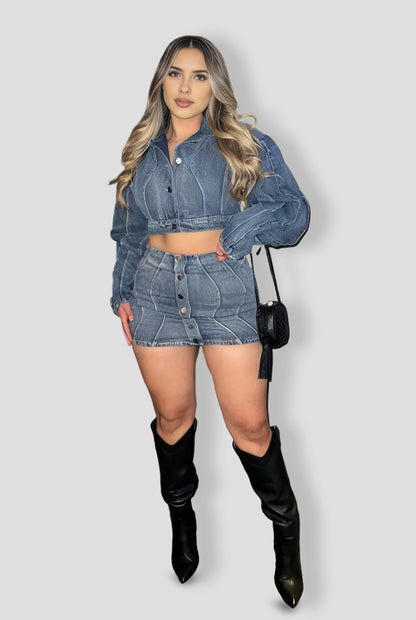 Medium Wash Denim Skirt Set