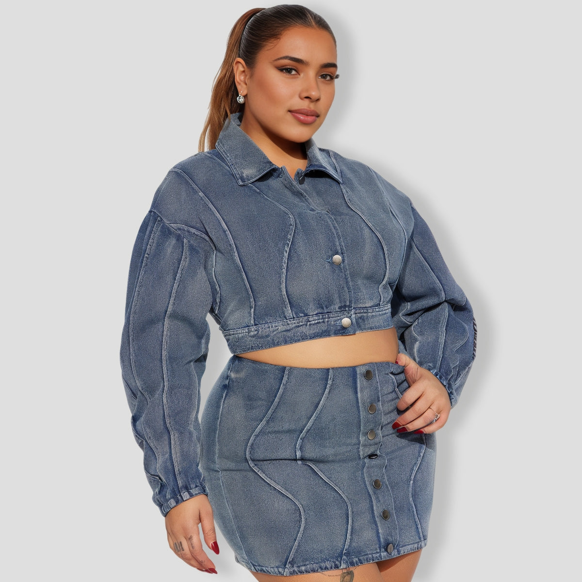 Medium Wash Denim Skirt Set