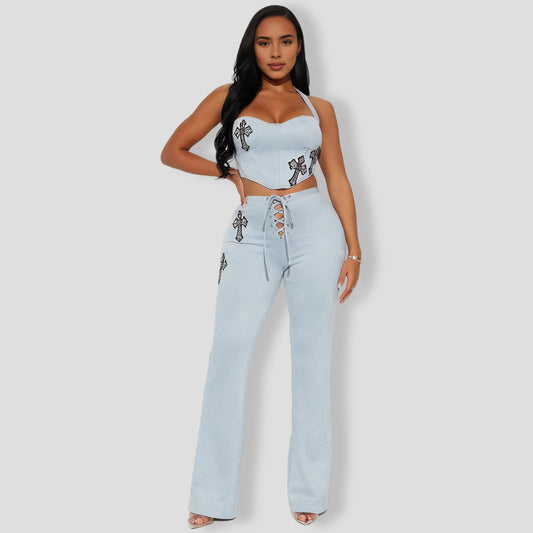 Light Blue Faux Suede Pants Set