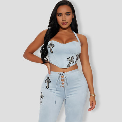 Light Blue Faux Suede Pants Set