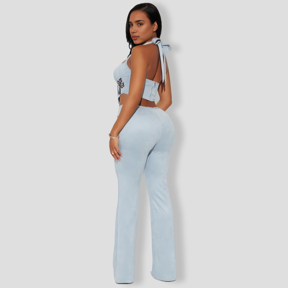 Light Blue Faux Suede Pants Set