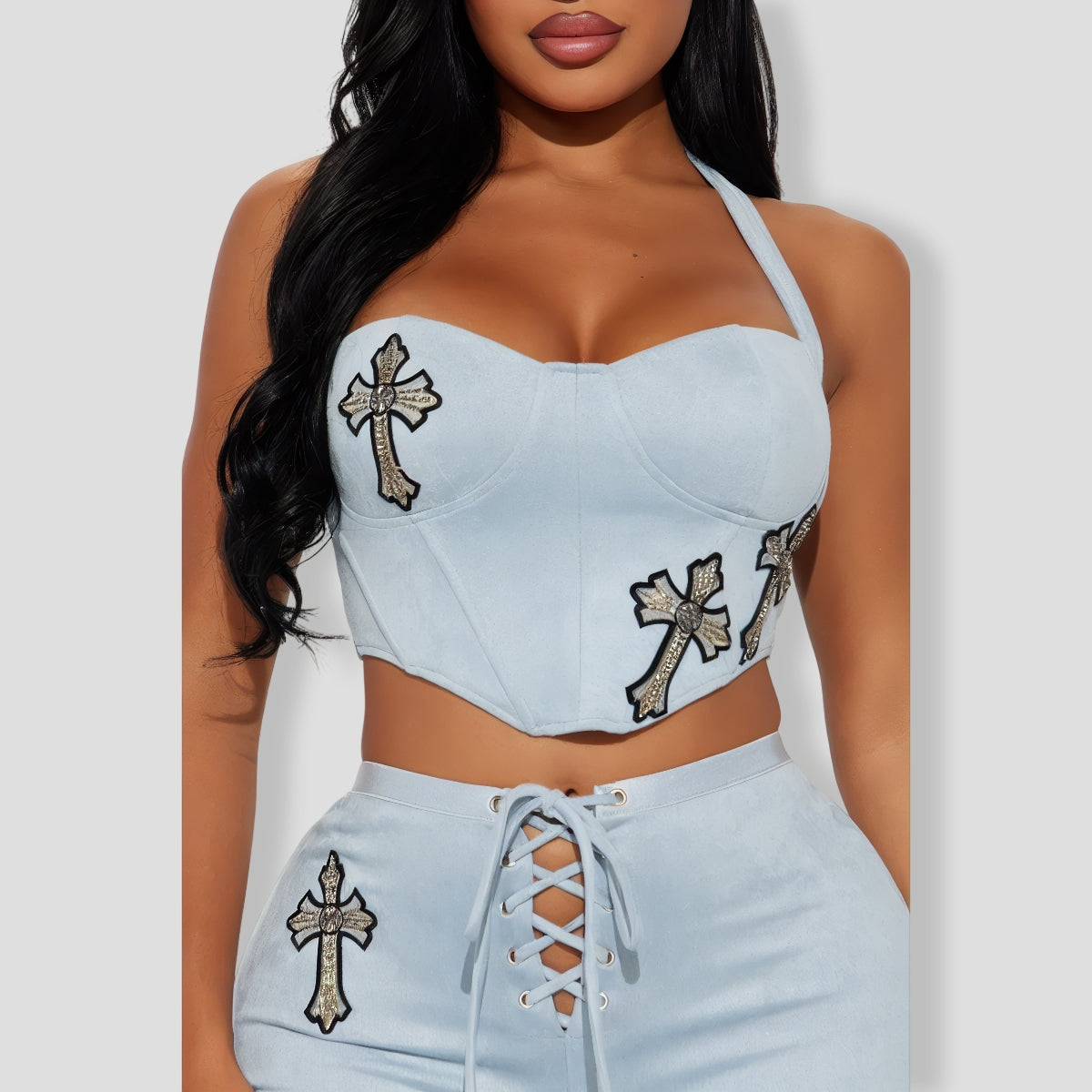 Light Blue Faux Suede Pants Set