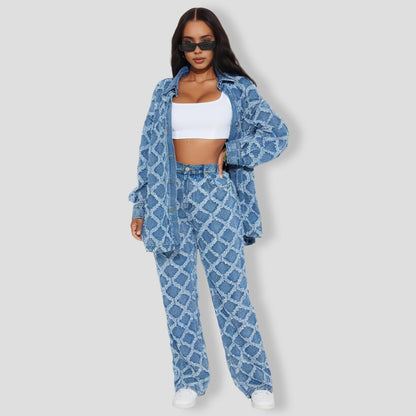 Diamond Pattern Denim Pants Set