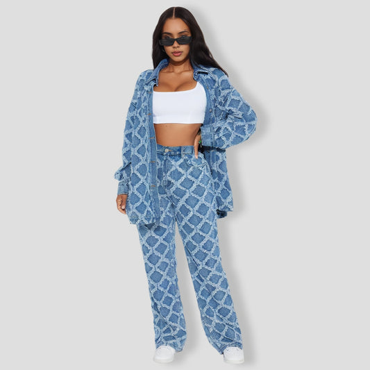 Diamond Pattern Denim Pants Set