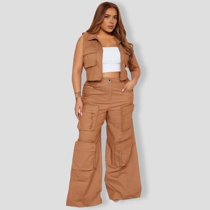 Sleeveless Mocha Cargo Pants Set