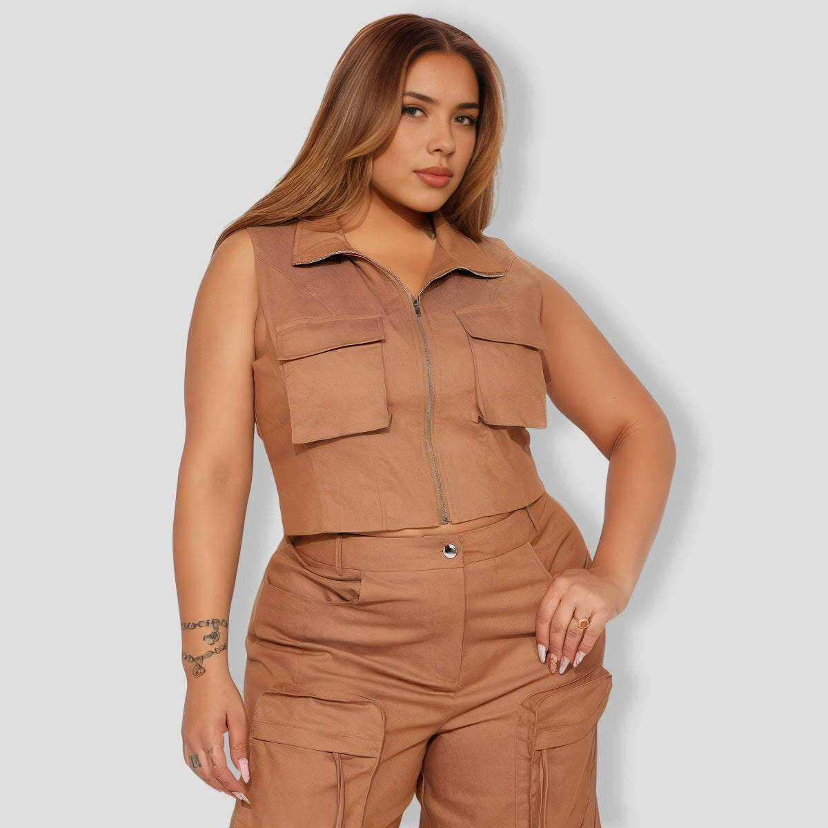 Sleeveless Mocha Cargo Pants Set