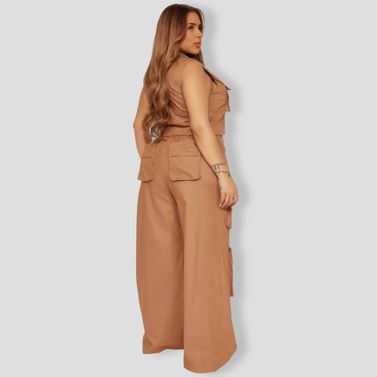 Sleeveless Mocha Cargo Pants Set