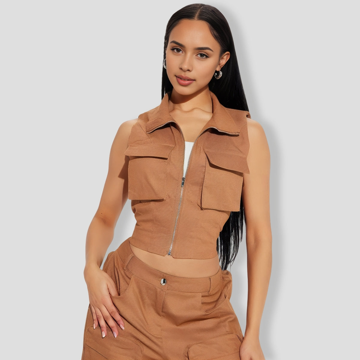 Sleeveless Mocha Cargo Pants Set