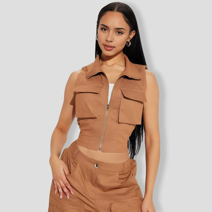 Sleeveless Mocha Cargo Pants Set