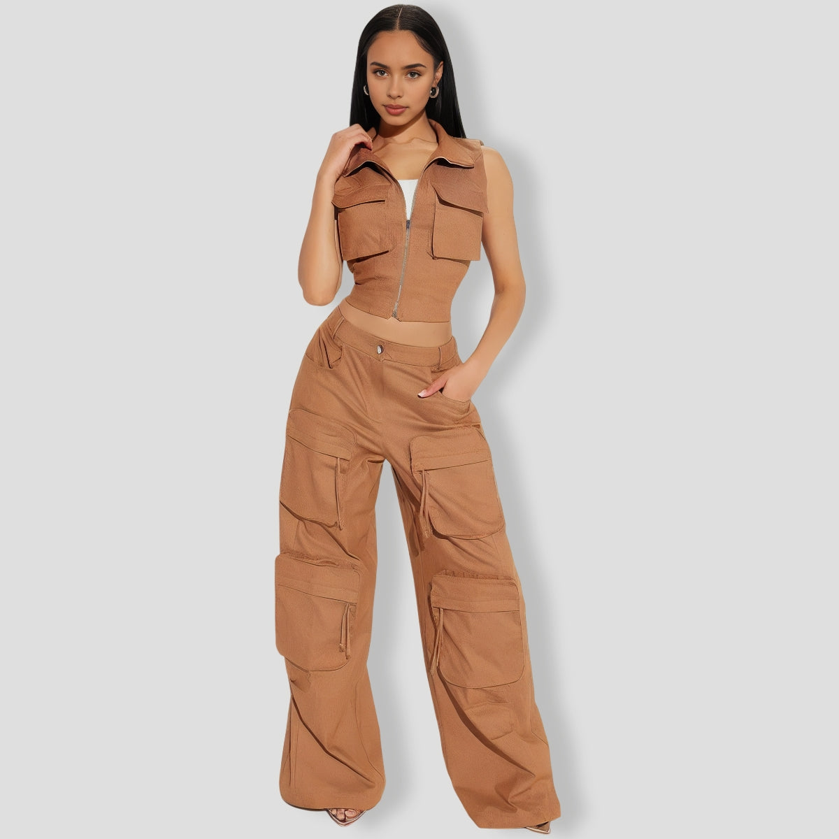 Sleeveless Mocha Cargo Pants Set