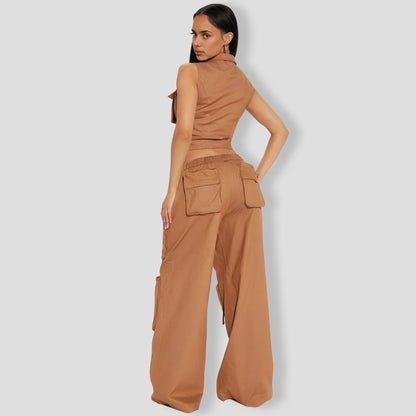Sleeveless Mocha Cargo Pants Set