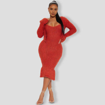 All Fuzzy Sweater Maxi Dress Set - Rust