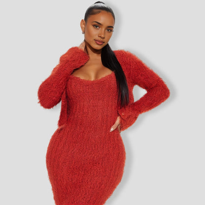 All Fuzzy Sweater Maxi Dress Set - Rust