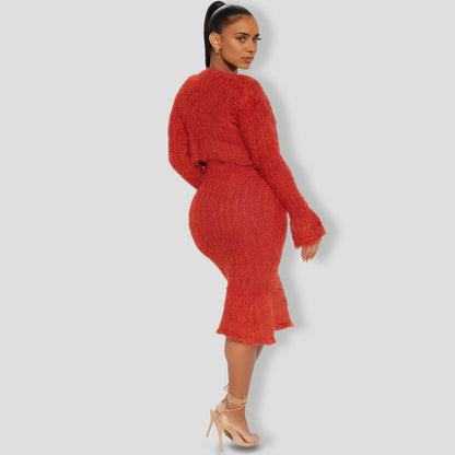 All Fuzzy Sweater Maxi Dress Set - Rust