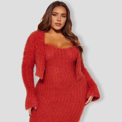 All Fuzzy Sweater Maxi Dress Set - Rust