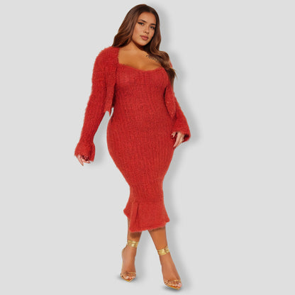 All Fuzzy Sweater Maxi Dress Set - Rust
