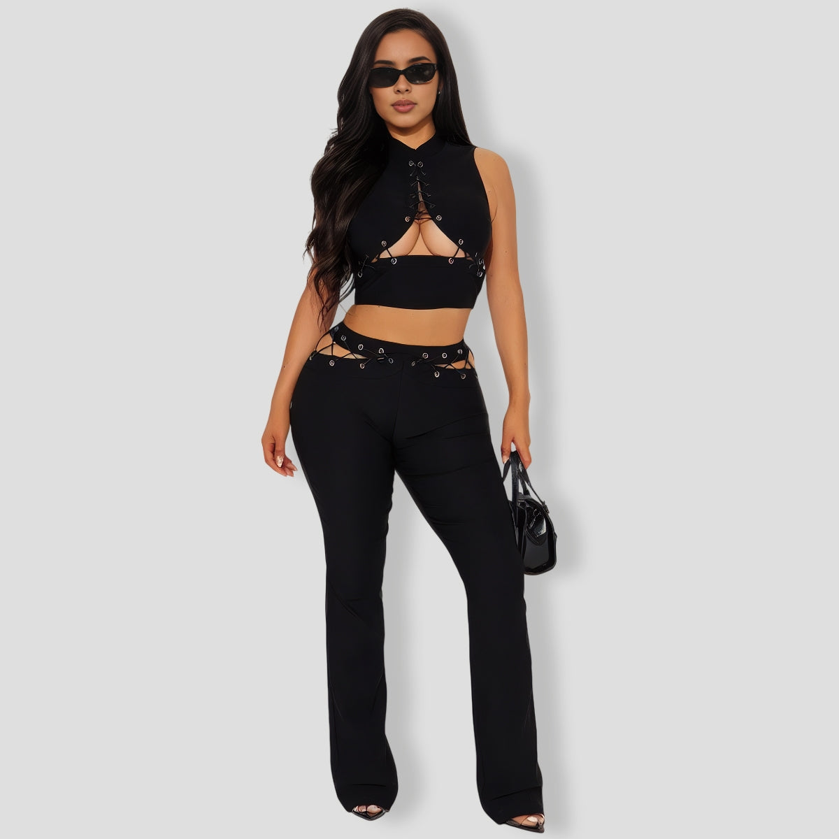 Laced Up Black Pant Set