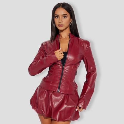 Faux Leather Bubble Skort Set - Burgundy