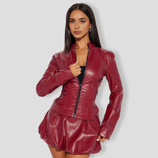Faux Leather Bubble Skort Set - Burgundy
